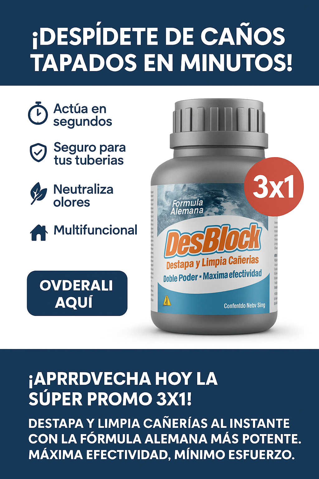 3x1 Desblock Doble Poder- Destapa Y Limpia Las Cañerías.