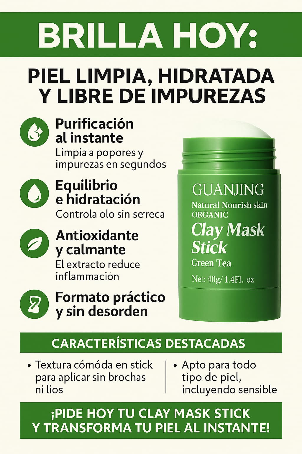 Guanjing™- Mascarilla en Barra Tea Verde- Hidrata y recupera el brillo de la piel en tiempo record.